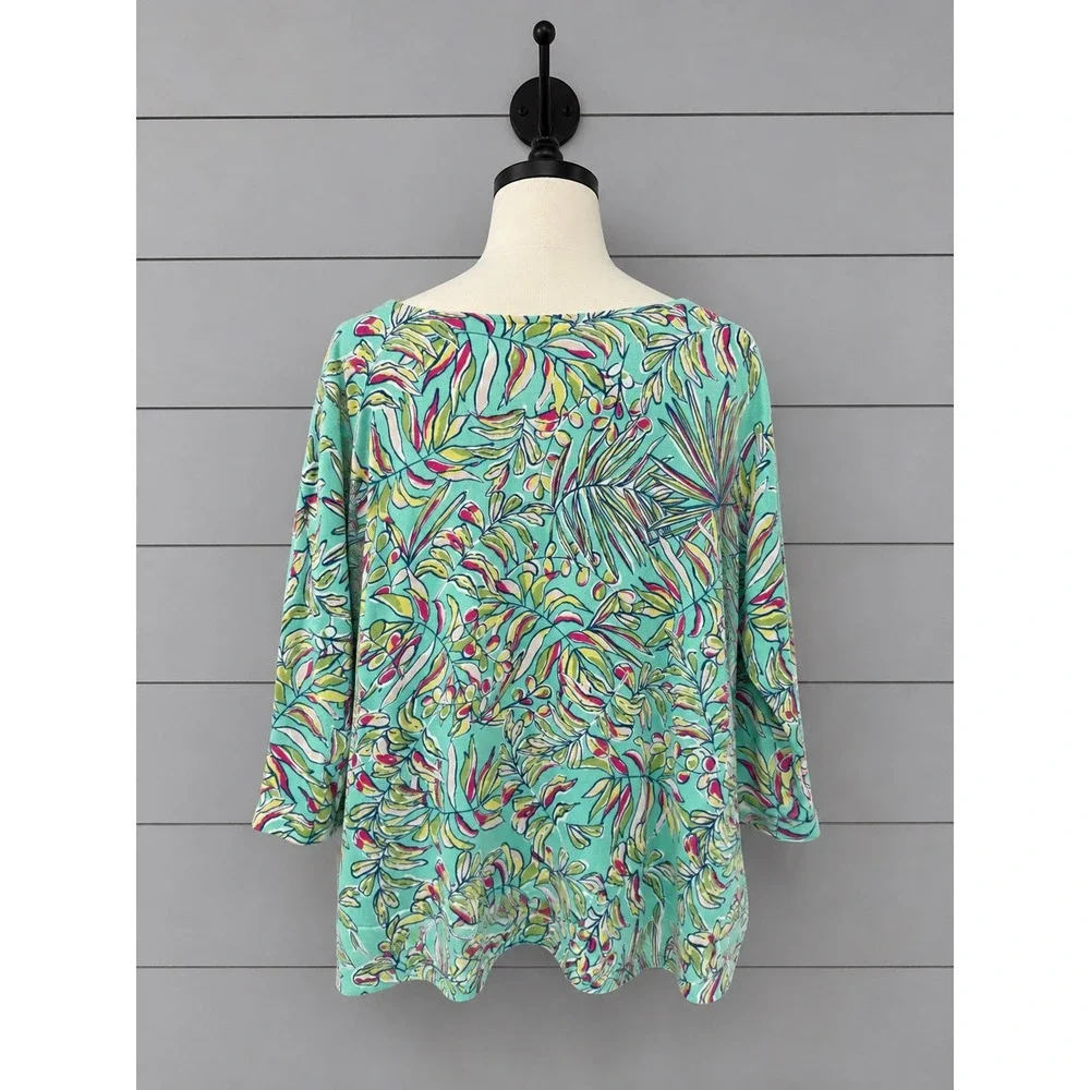 Talbots Knit Cotton Sweater Top Size 2X Aqua Tropical Leaf Print 3/4 Sleeve